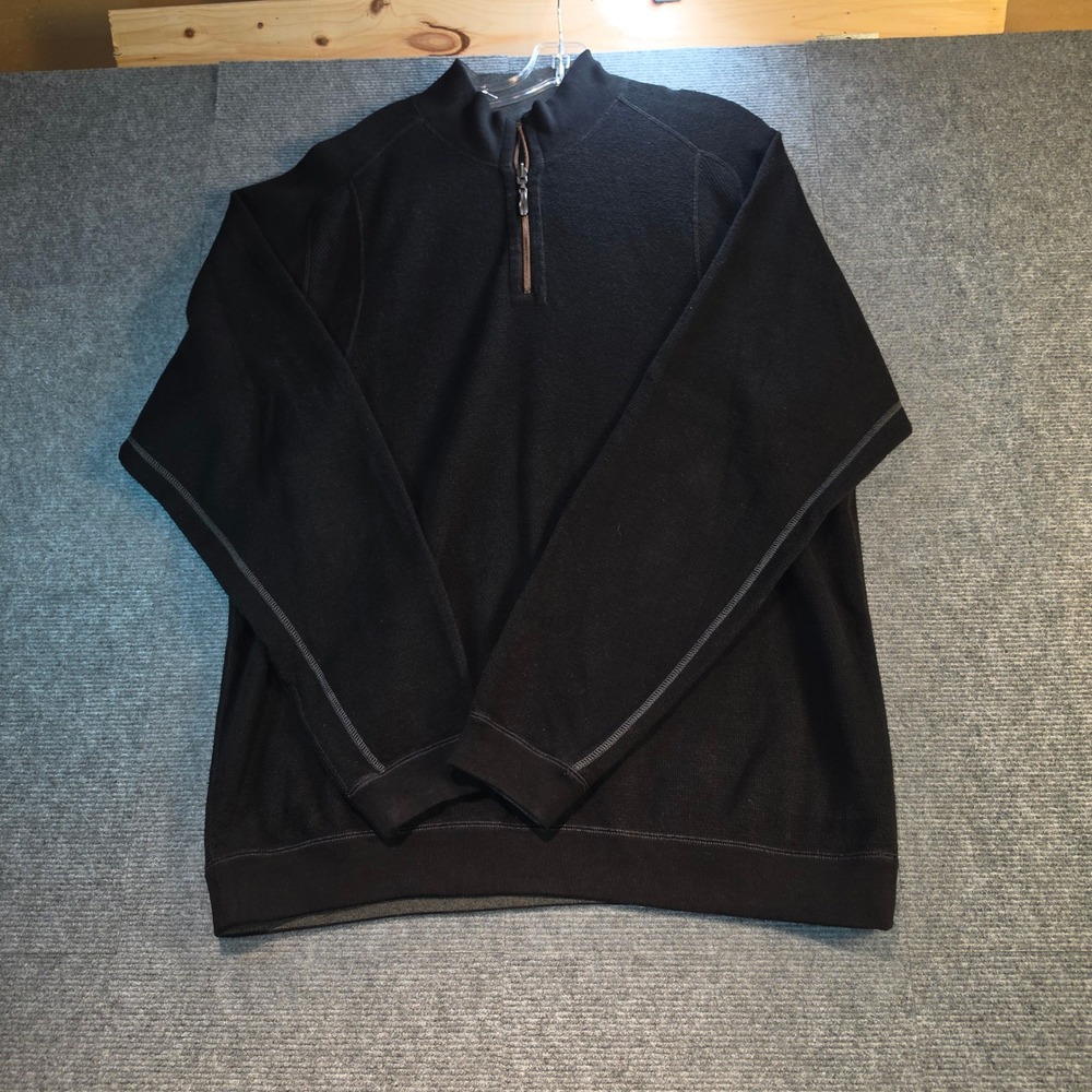 Tommy Bahama Quarter Zip Pullover Mens Large Black Good Waffle Knit Cotton